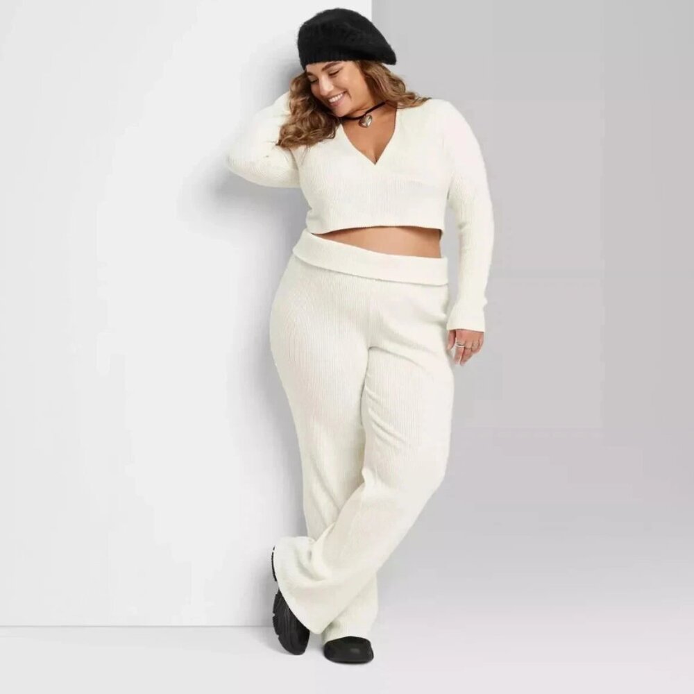 NWT Wild Fable Women Size XL Off-White Ribbed Fold Over Waistband Flare Leggings